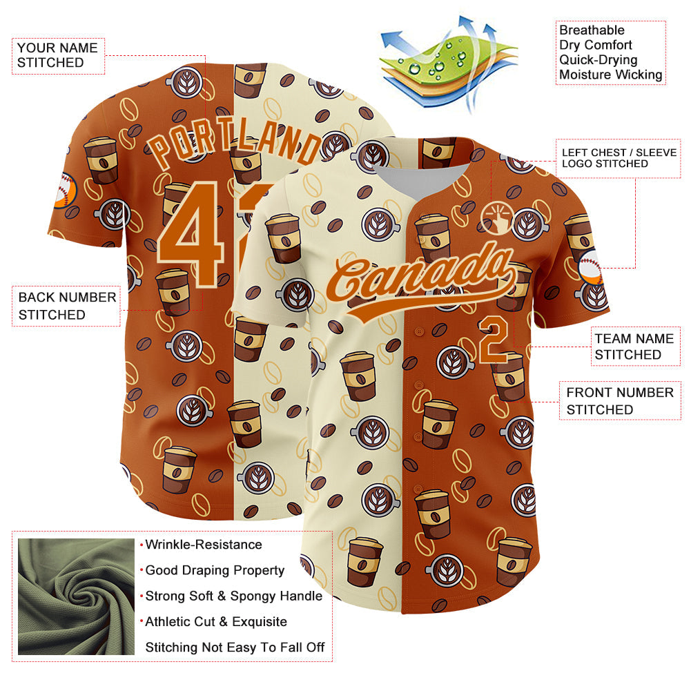 Custom Cream Texas Orange 3D Pattern Design International Coffee Day Authentic Baseball Jersey view 3