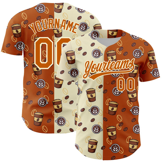 Custom Cream Texas Orange 3D Pattern Design International Coffee Day Authentic Baseball Jersey - Main View