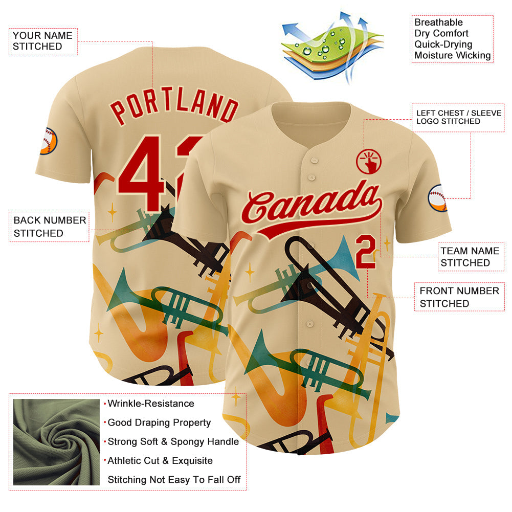 Custom Cream Red 3D Pattern Design International Jazz Day Authentic Baseball Jersey view 3