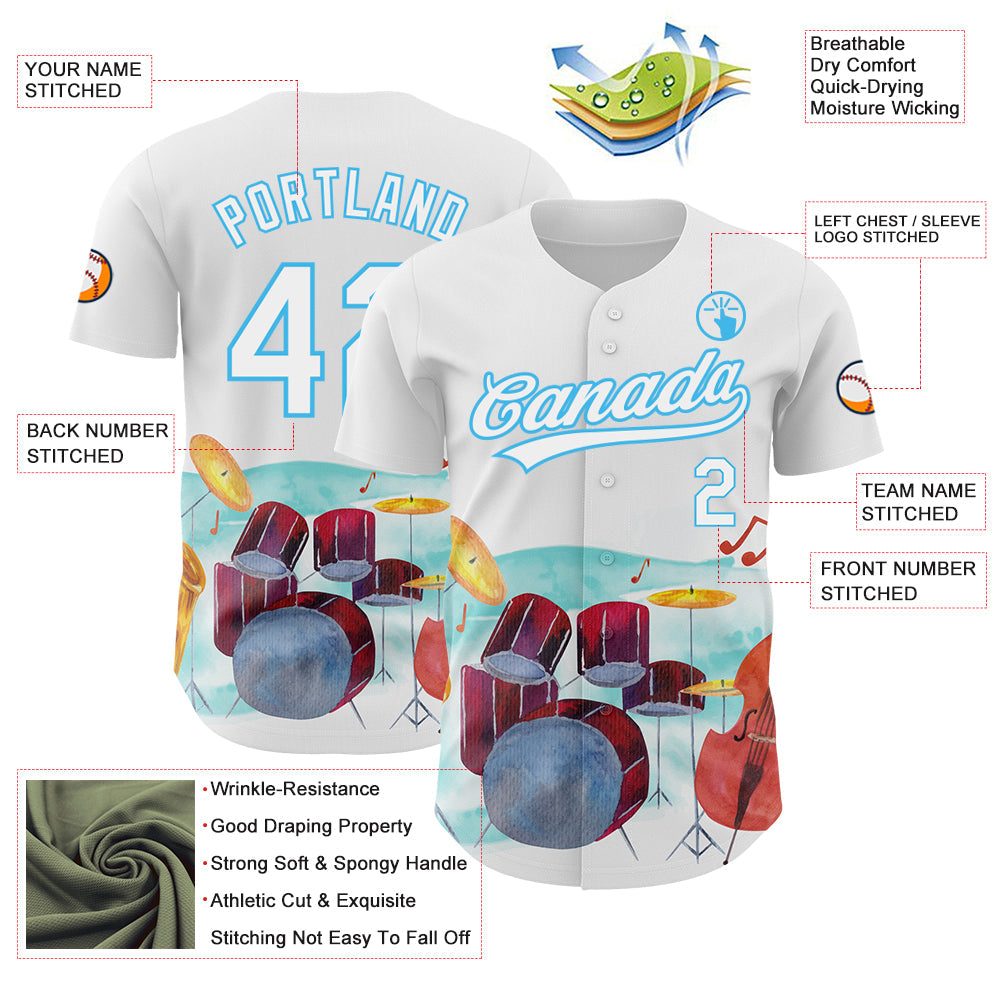 Custom White Sky Blue 3D Pattern Design International Jazz Day Authentic Baseball Jersey view 3