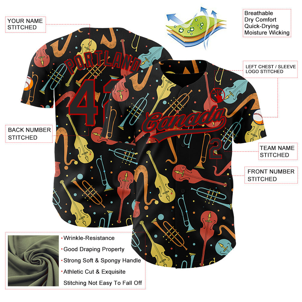 Custom Black Red 3D Pattern Design International Jazz Day Authentic Baseball Jersey view 3