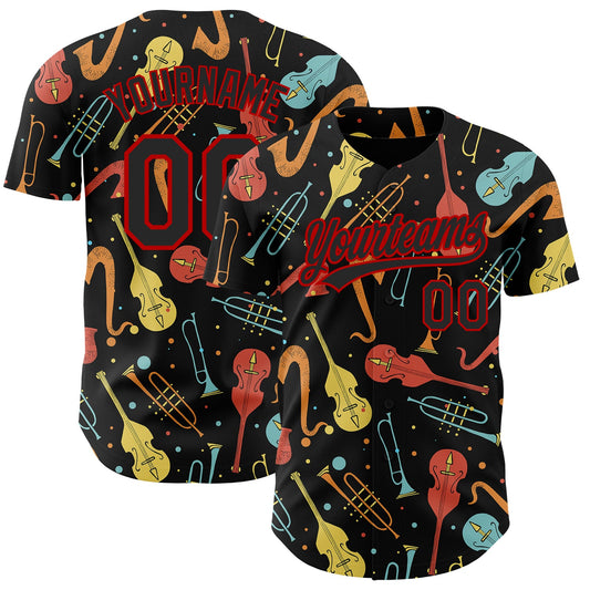 Custom Black Red 3D Pattern Design International Jazz Day Authentic Baseball Jersey - Main View