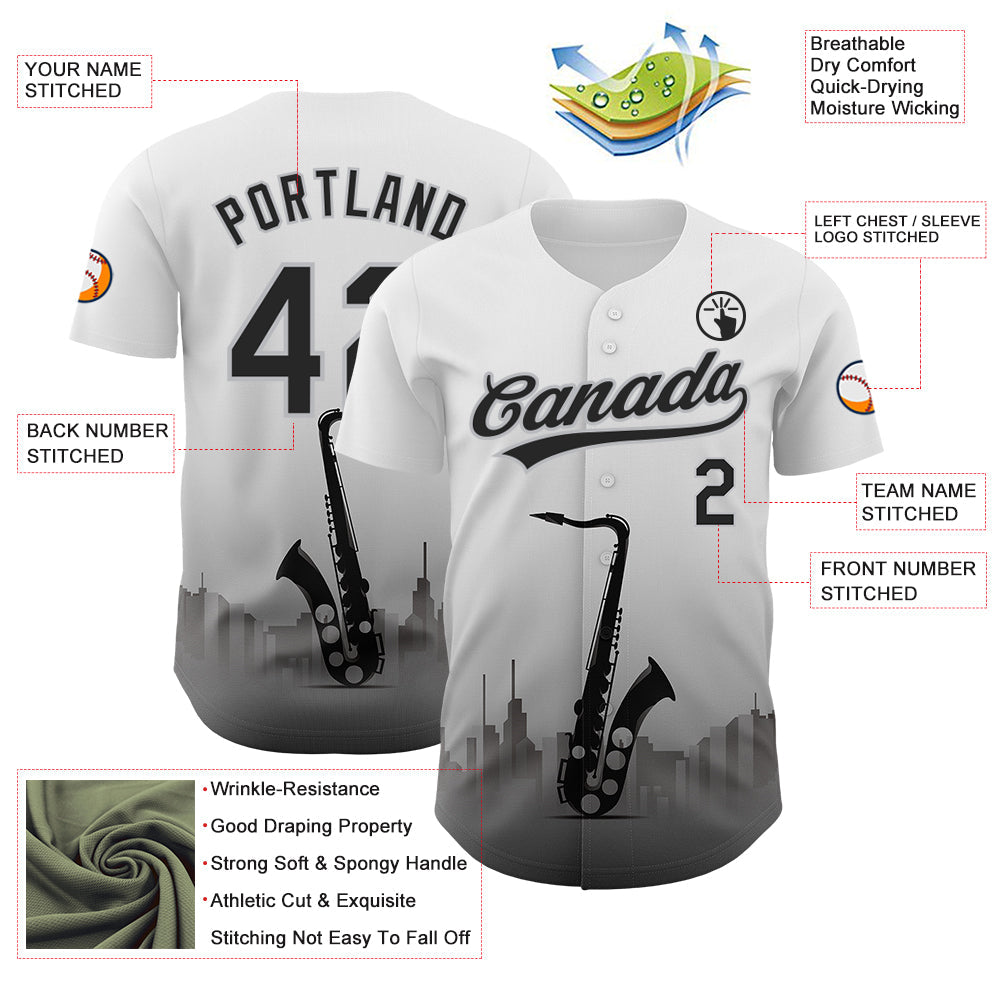 Custom White Black-Gray 3D Pattern Design City Of Jazz Music Authentic Baseball Jersey view 3