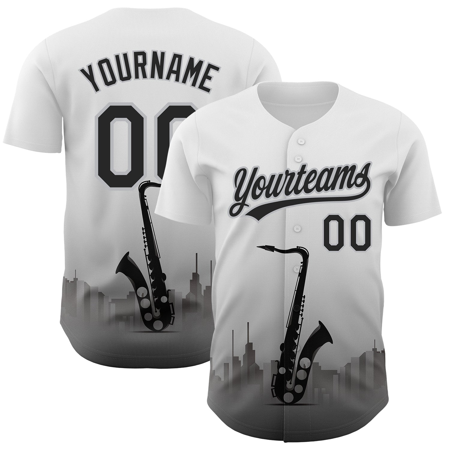 Custom White Black-Gray 3D Pattern Design City Of Jazz Music Authentic Baseball Jersey - Main View