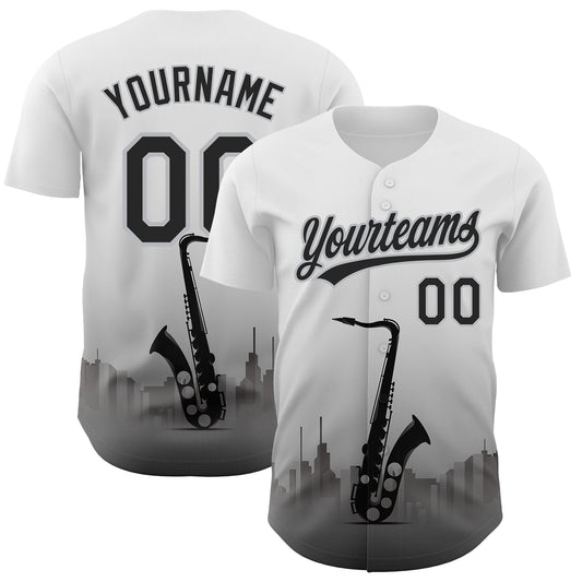 Custom White Black-Gray 3D Pattern Design City Of Jazz Music Authentic Baseball Jersey - Main View