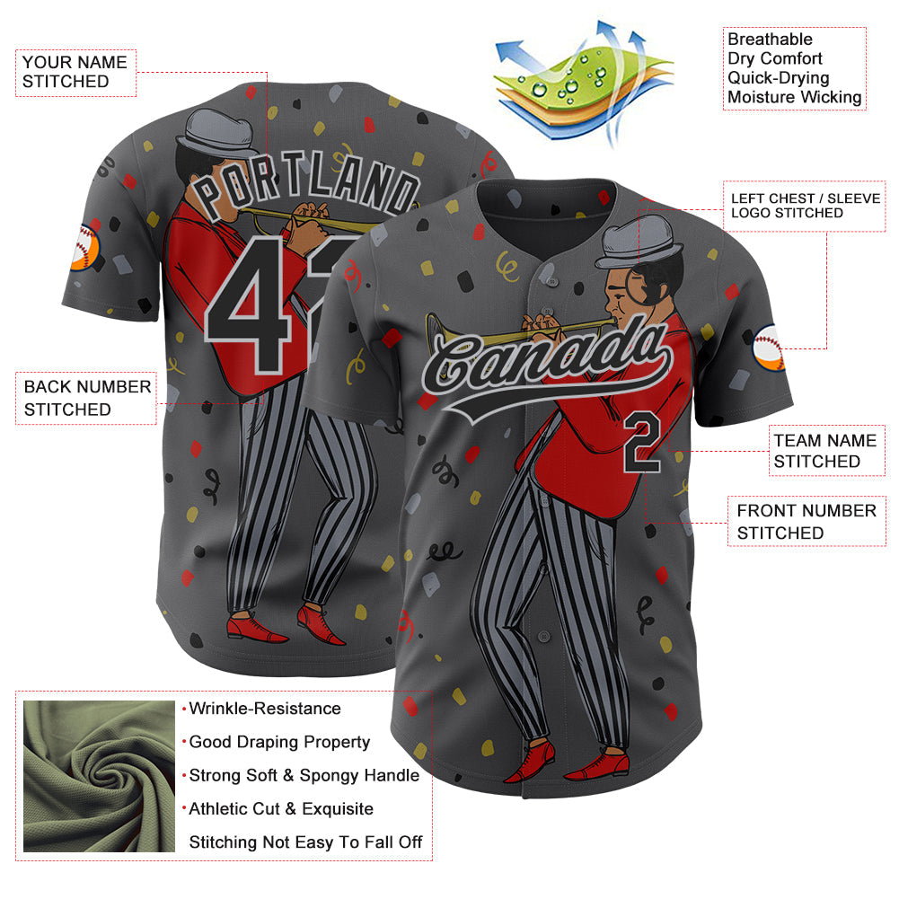 Custom Steel Gray Black-Gray 3D Pattern Jazz Music Authentic Baseball Jersey view 3