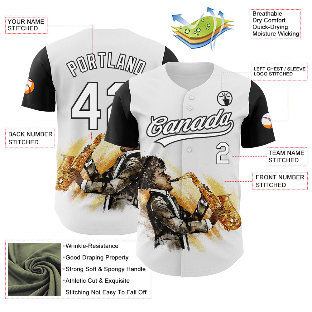 Custom White Black 3D Pattern Design International Jazz Day Authentic Baseball Jersey view 3