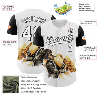 Custom White Black 3D Pattern Design International Jazz Day Authentic Baseball Jersey view 3