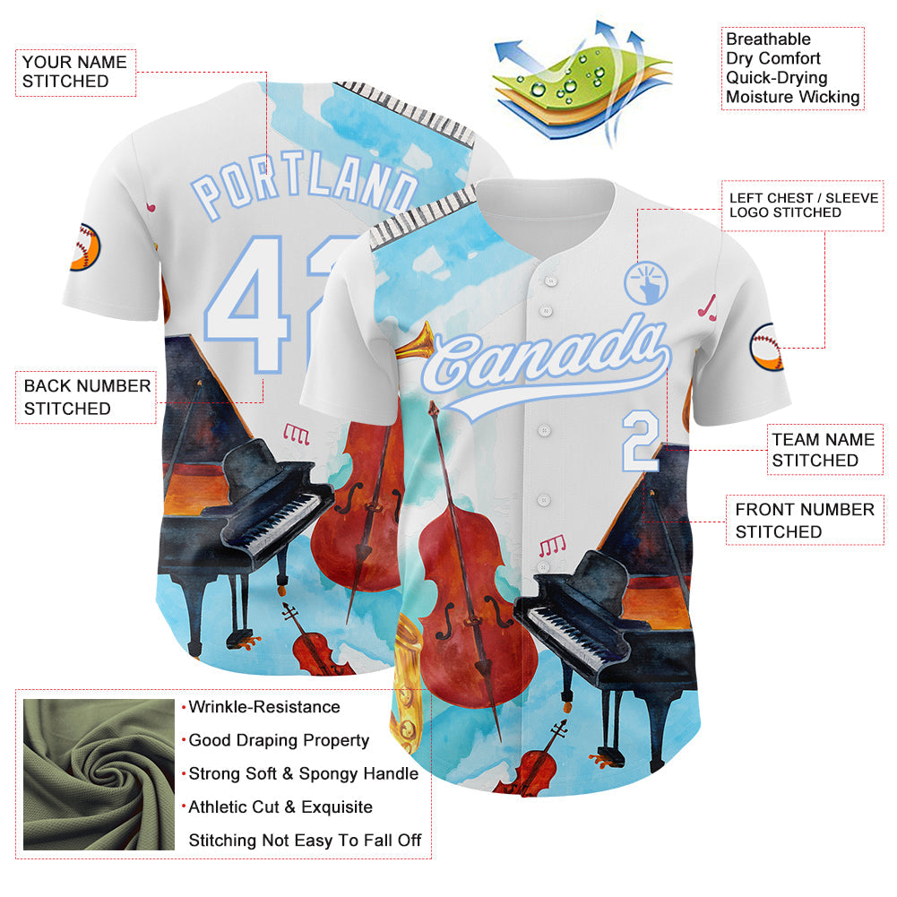 Custom White Light Blue 3D Pattern Design Music Festival Authentic Baseball Jersey view 3