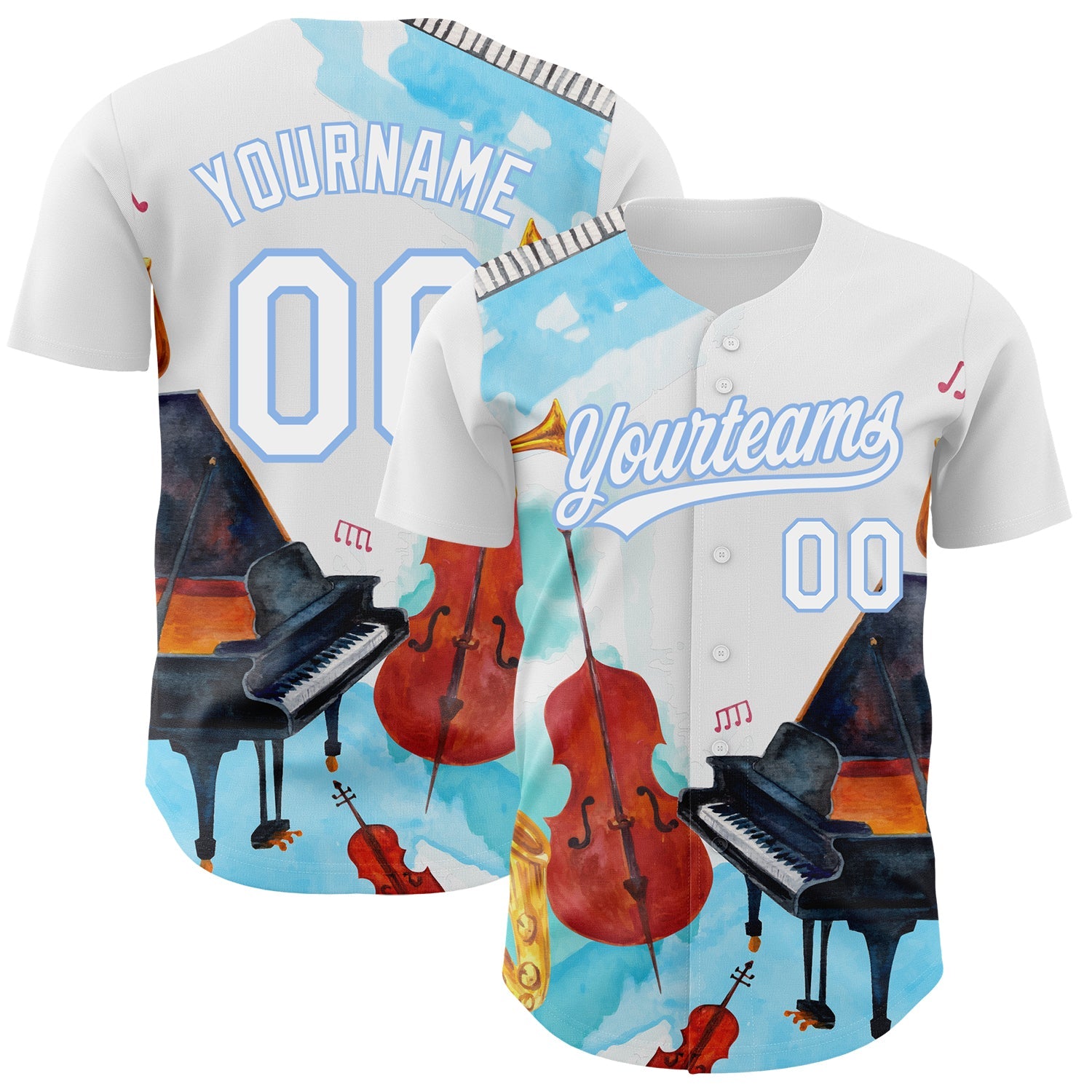 Custom White Light Blue 3D Pattern Design Music Festival Authentic Baseball Jersey - Main View