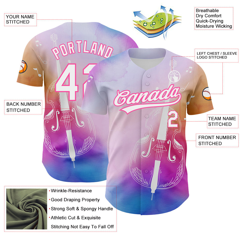 Custom Pink White-Purple 3D Pattern Design Music Festival Authentic Baseball Jersey view 3