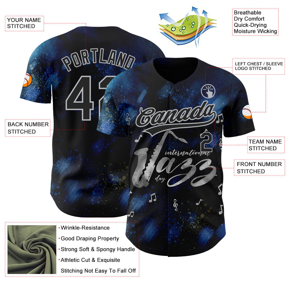 Custom Black Gray 3D Pattern Design International Jazz Day Authentic Baseball Jersey view 3