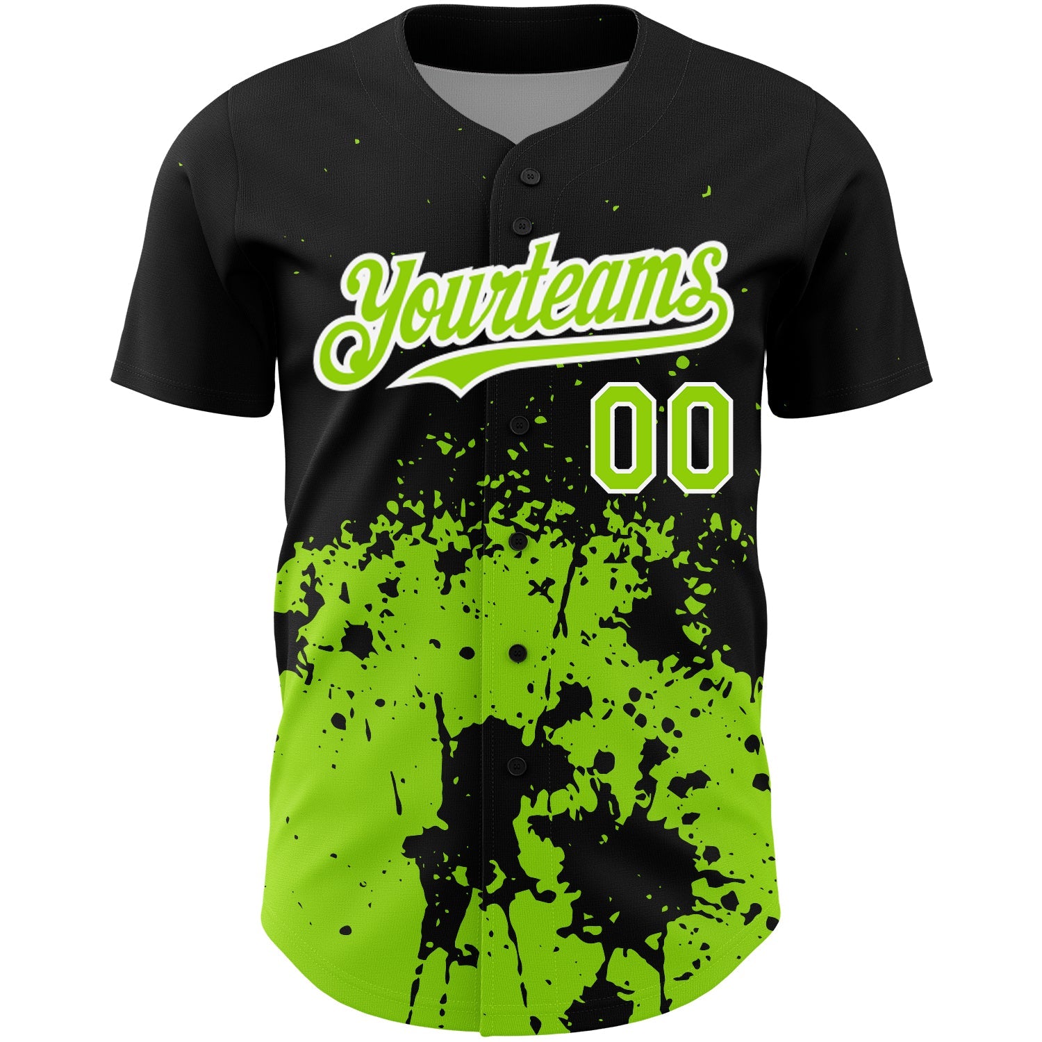 Custom Black Neon Green-White 3D Pattern Design Abstract Splash Grunge Art Authentic Baseball Jersey view 2