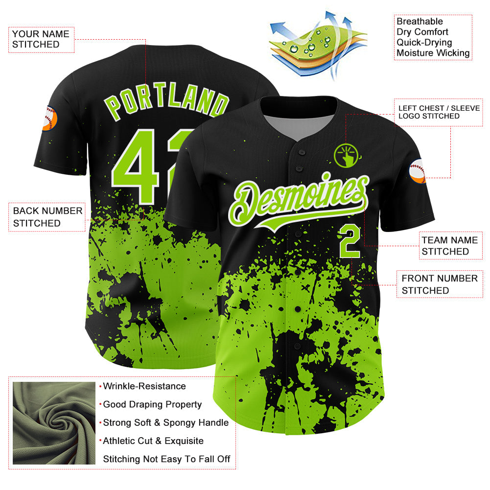 Custom Black Neon Green-White 3D Pattern Design Abstract Splash Grunge Art Authentic Baseball Jersey view 3
