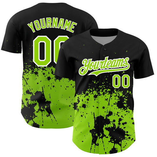 Custom Black Neon Green-White 3D Pattern Design Abstract Splash Grunge Art Authentic Baseball Jersey - Main View
