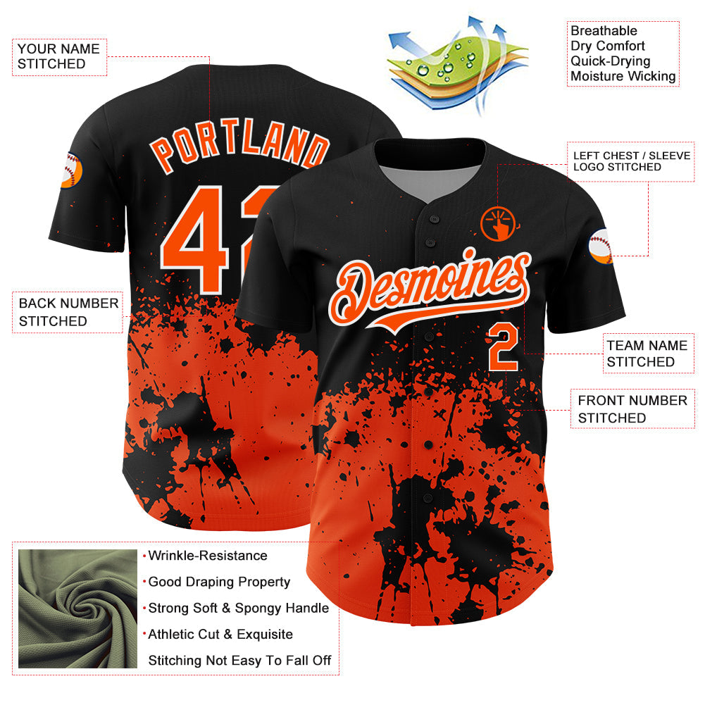 Custom Black Orange-White 3D Pattern Design Abstract Splash Grunge Art Authentic Baseball Jersey view 3