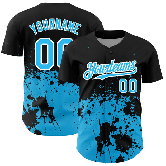 Custom Black Sky Blue-White 3D Pattern Design Abstract Splash Grunge Art Authentic Baseball Jersey - Main View