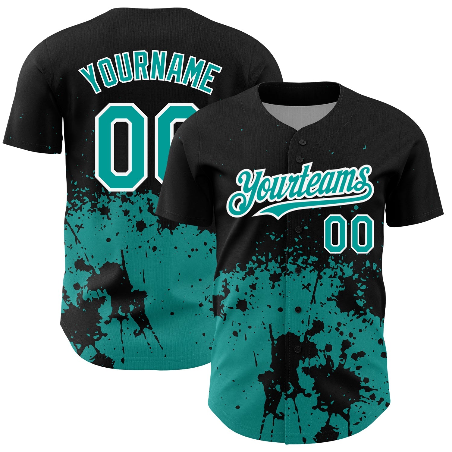 Custom Black Teal-White 3D Pattern Design Abstract Splash Grunge Art Authentic Baseball Jersey - Main View