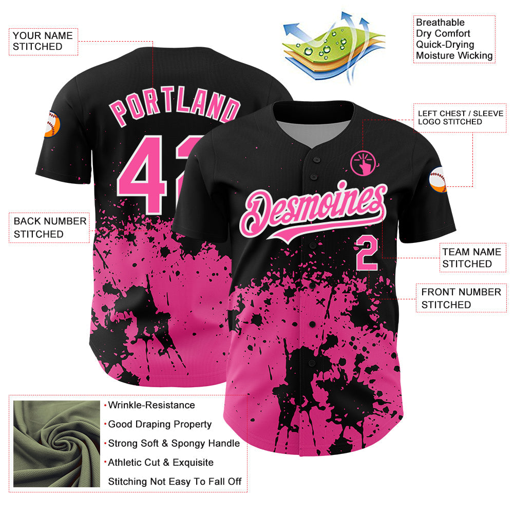 Custom Black Pink-White 3D Pattern Design Abstract Splash Grunge Art Authentic Baseball Jersey view 3