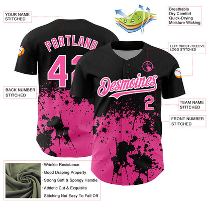 Custom Black Pink-White 3D Pattern Design Abstract Splash Grunge Art Authentic Baseball Jersey view 3