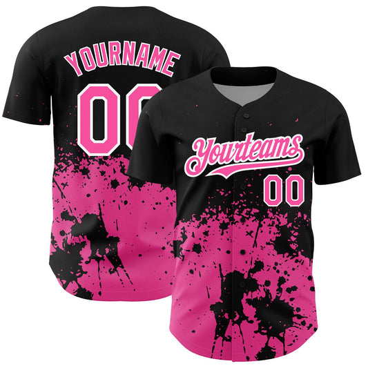 Custom Black Pink-White 3D Pattern Design Abstract Splash Grunge Art Authentic Baseball Jersey - Main View