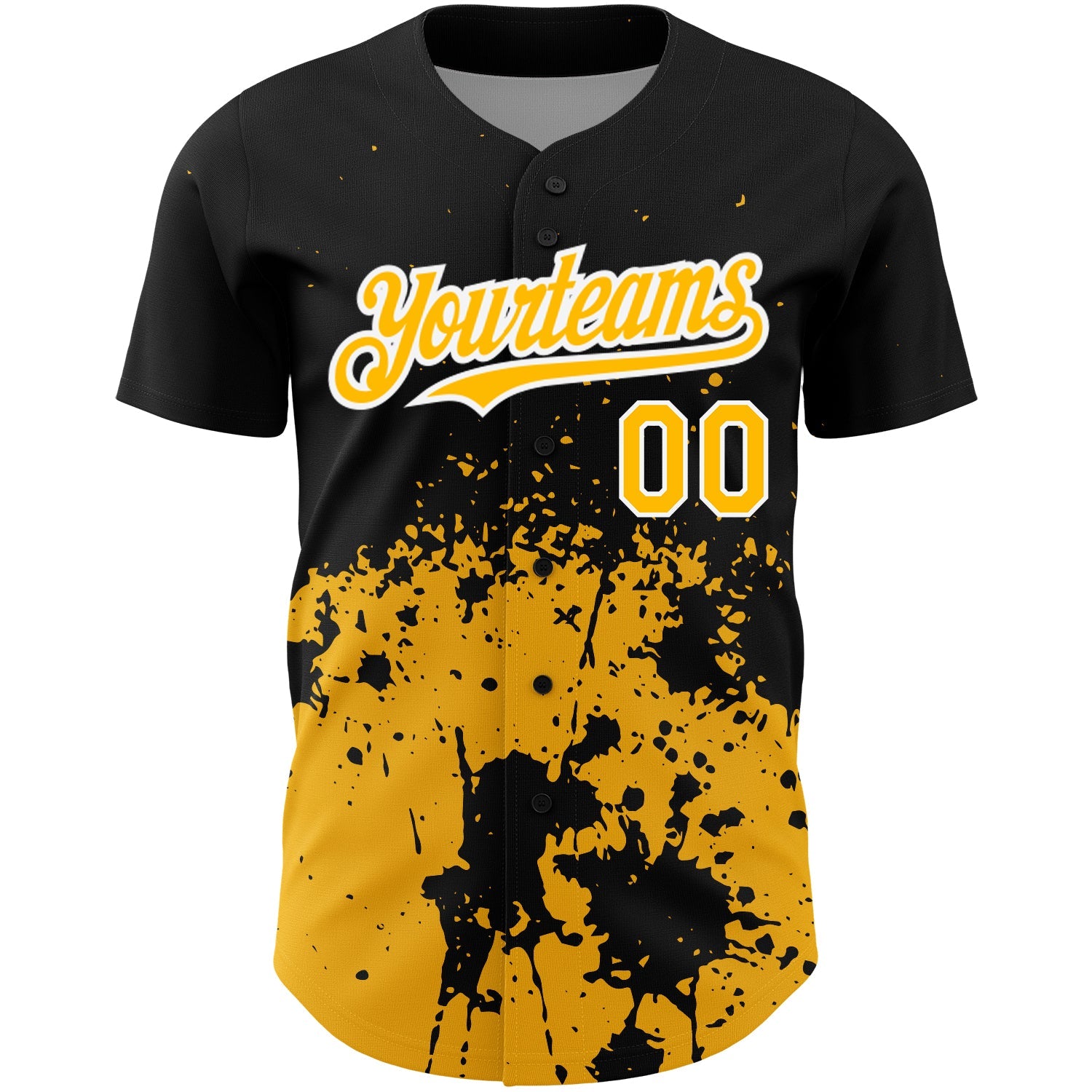 Custom Black Gold-White 3D Pattern Design Abstract Splash Grunge Art Authentic Baseball Jersey view 2