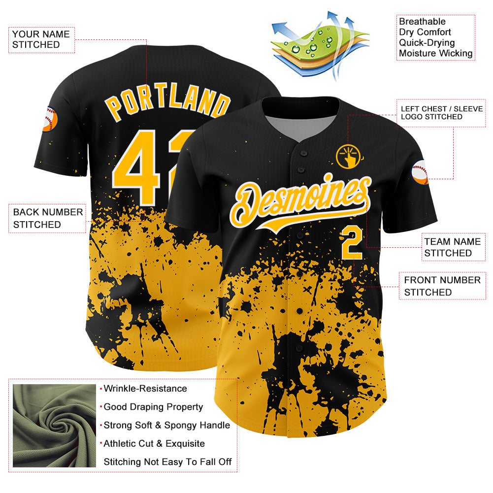 Custom Black Gold-White 3D Pattern Design Abstract Splash Grunge Art Authentic Baseball Jersey view 3