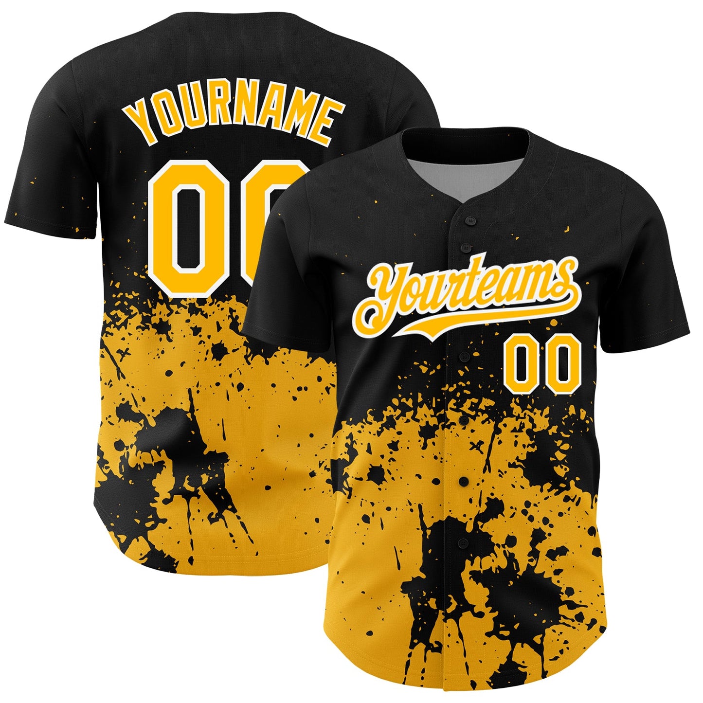 Custom Black Gold-White 3D Pattern Design Abstract Splash Grunge Art Authentic Baseball Jersey - Main View