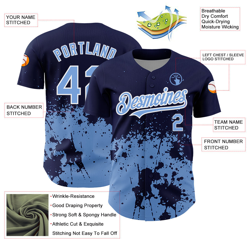 Custom Navy Light Blue-White 3D Pattern Design Abstract Splash Grunge Art Authentic Baseball Jersey view 3
