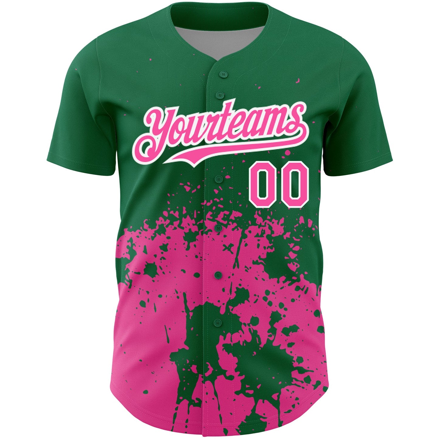 Custom Kelly Green Pink-White 3D Pattern Design Abstract Splash Grunge Art Authentic Baseball Jersey view 2