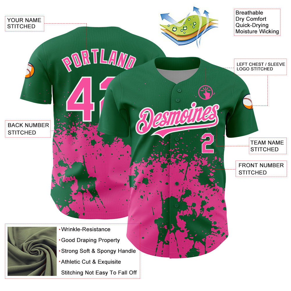 Custom Kelly Green Pink-White 3D Pattern Design Abstract Splash Grunge Art Authentic Baseball Jersey view 3