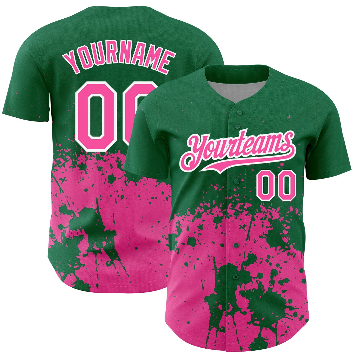 Custom Kelly Green Pink-White 3D Pattern Design Abstract Splash Grunge Art Authentic Baseball Jersey - Main View