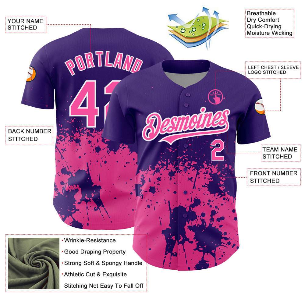 Custom Purple Pink-White 3D Pattern Design Abstract Splash Grunge Art Authentic Baseball Jersey view 3