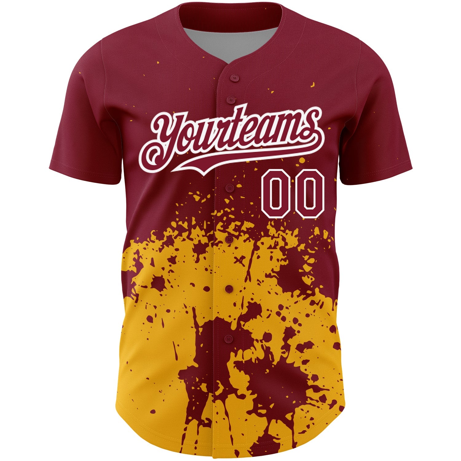 Custom Crimson Gold-White 3D Pattern Design Abstract Splash Grunge Art Authentic Baseball Jersey view 2