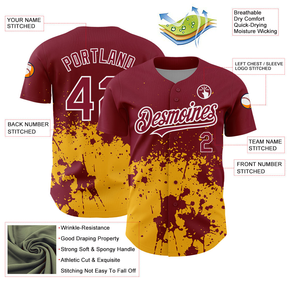 Custom Crimson Gold-White 3D Pattern Design Abstract Splash Grunge Art Authentic Baseball Jersey view 3