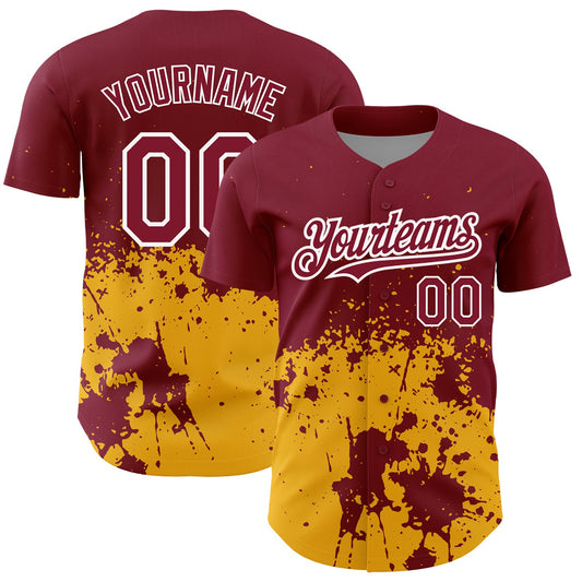 Custom Crimson Gold-White 3D Pattern Design Abstract Splash Grunge Art Authentic Baseball Jersey - Main View