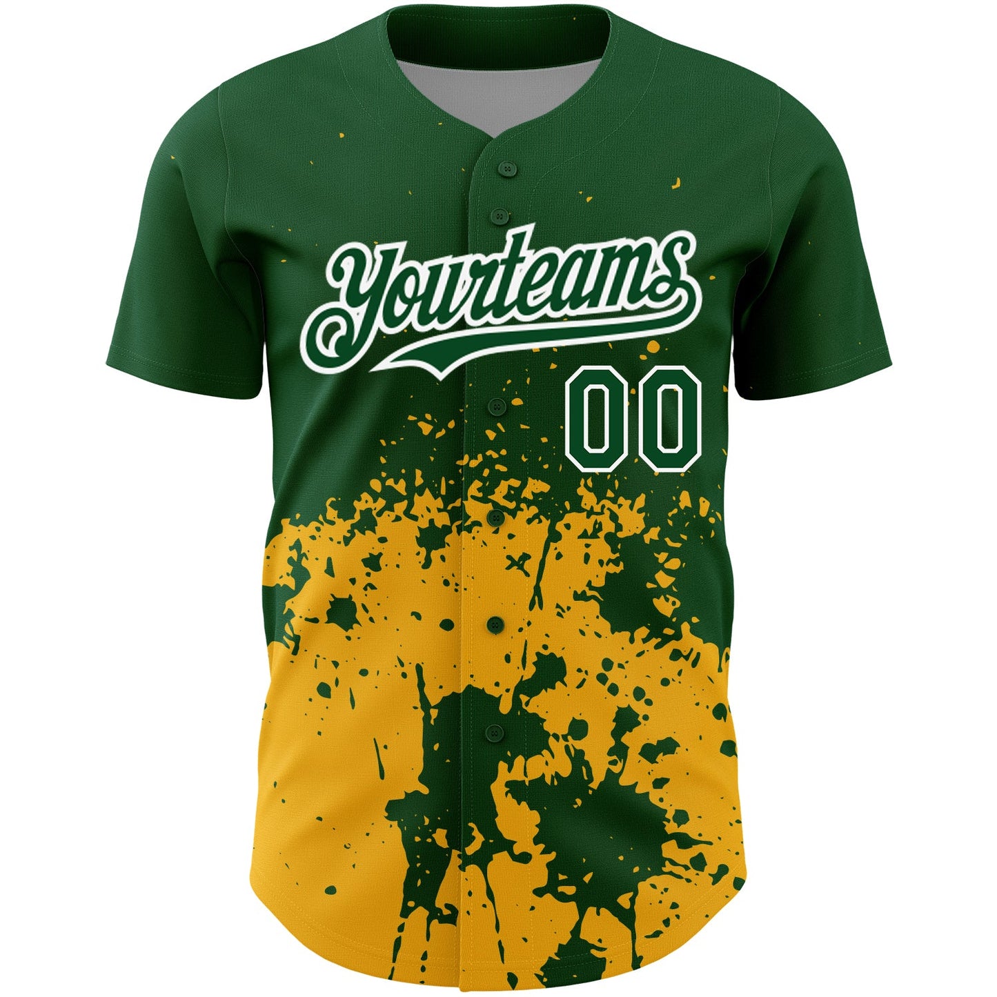 Custom Green Gold-White 3D Pattern Design Abstract Splash Grunge Art Authentic Baseball Jersey view 2