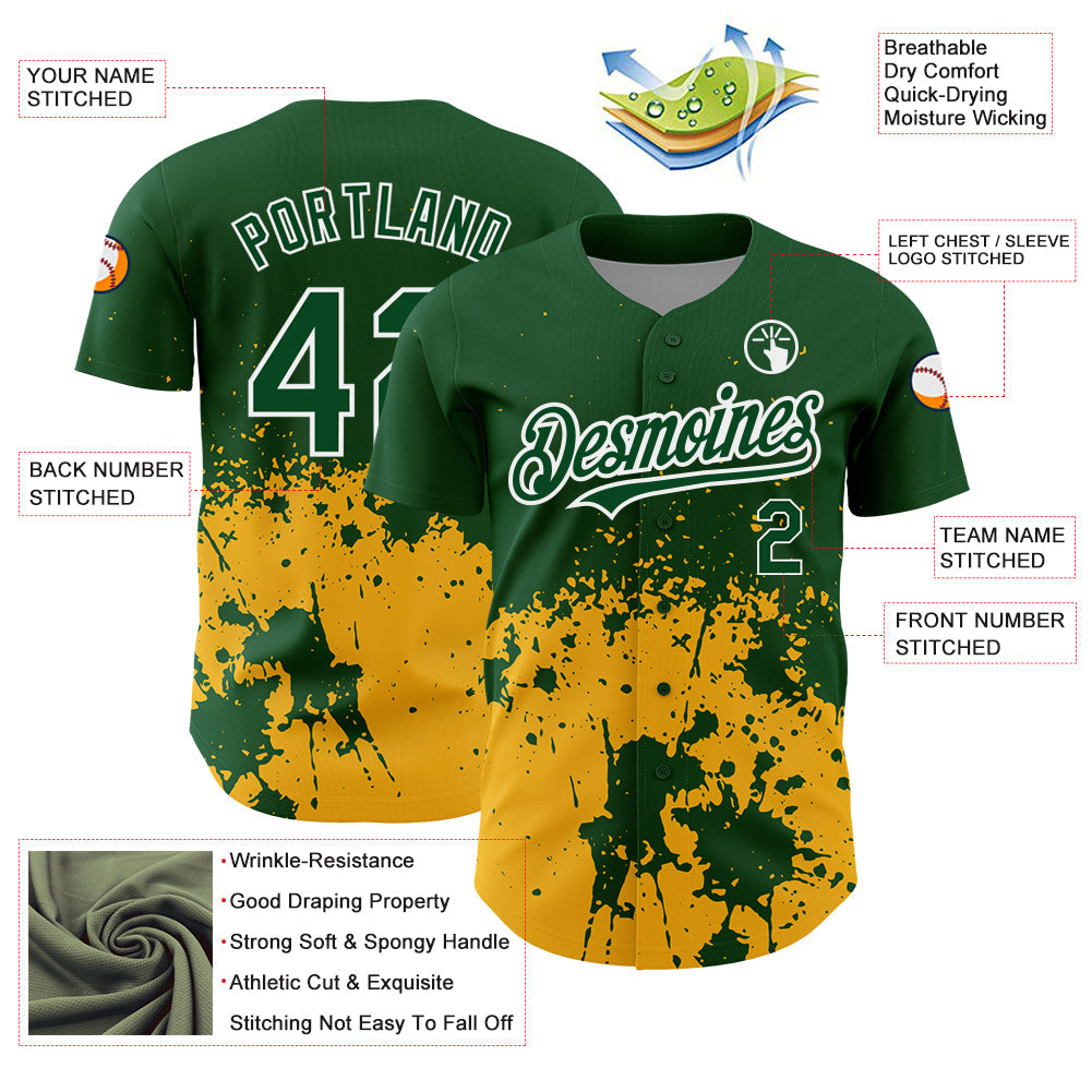 Custom Green Gold-White 3D Pattern Design Abstract Splash Grunge Art Authentic Baseball Jersey view 3