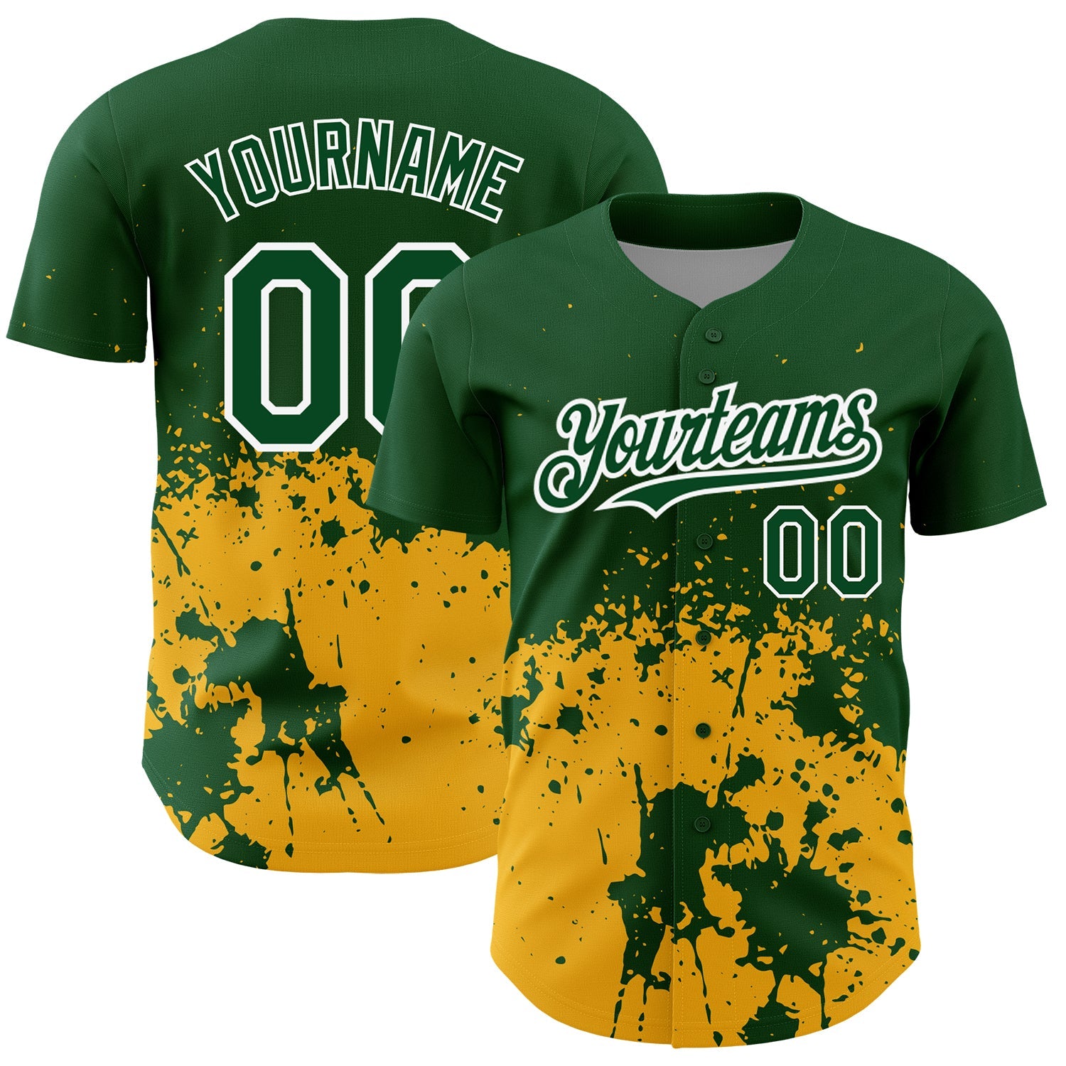 Custom Green Gold-White 3D Pattern Design Abstract Splash Grunge Art Authentic Baseball Jersey - Main View