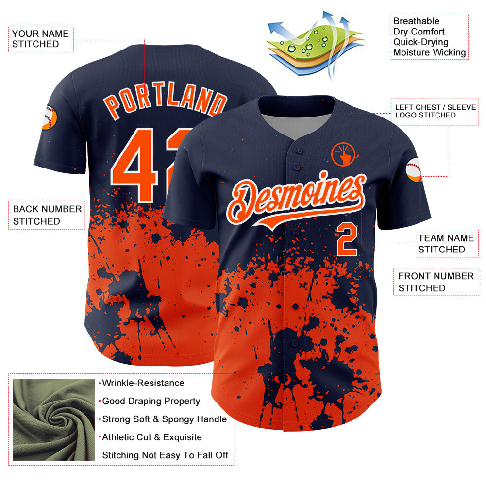 Custom Navy Orange-White 3D Pattern Design Abstract Splash Grunge Art Authentic Baseball Jersey view 3
