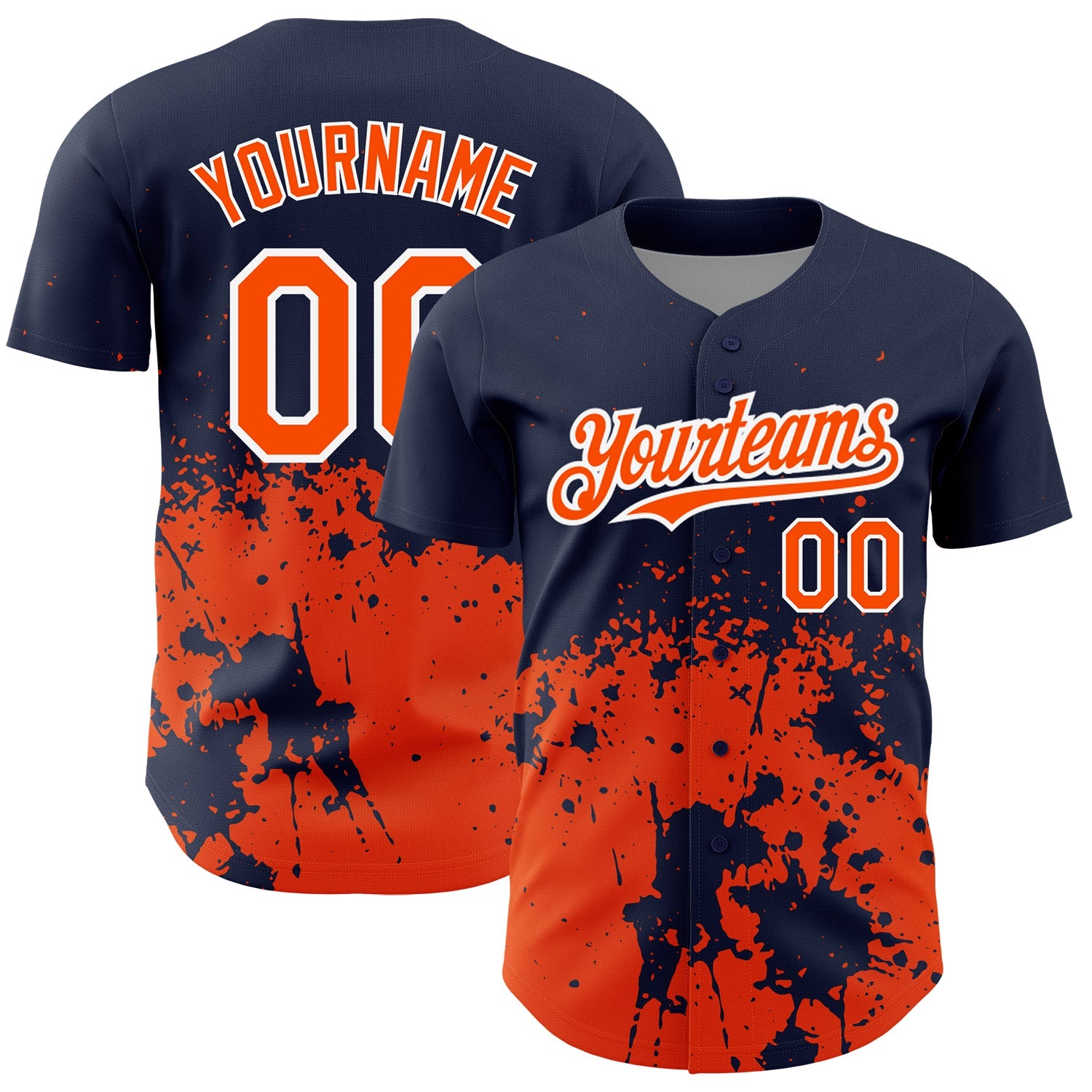 Custom Navy Orange-White 3D Pattern Design Abstract Splash Grunge Art Authentic Baseball Jersey - Main View