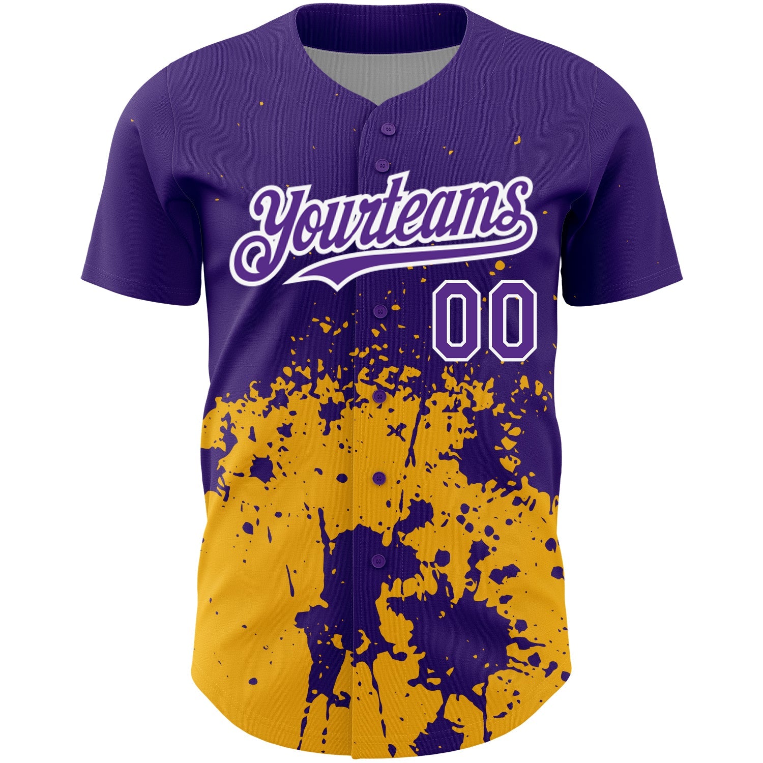 Custom Purple Gold-White 3D Pattern Design Abstract Splash Grunge Art Authentic Baseball Jersey view 2