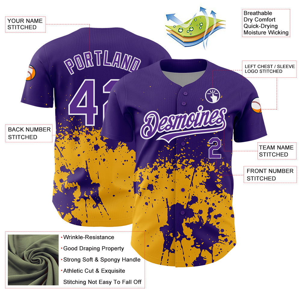 Custom Purple Gold-White 3D Pattern Design Abstract Splash Grunge Art Authentic Baseball Jersey view 3