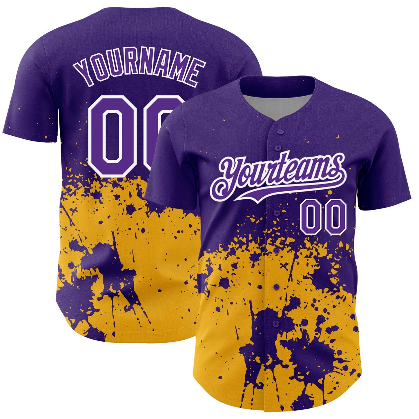 Custom Purple Gold-White 3D Pattern Design Abstract Splash Grunge Art Authentic Baseball Jersey - Main View