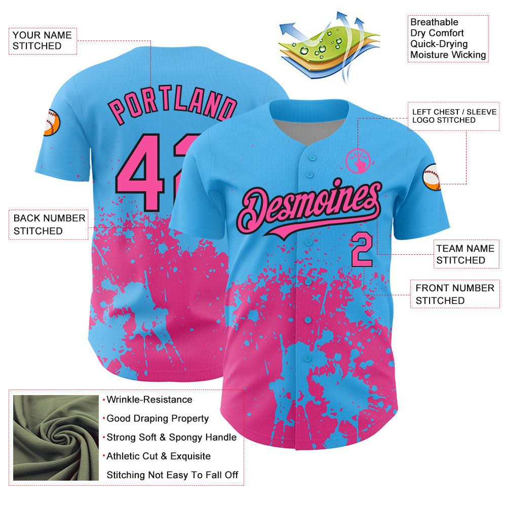 Custom Sky Blue Pink-Black 3D Pattern Design Abstract Splash Grunge Art Authentic Baseball Jersey view 3