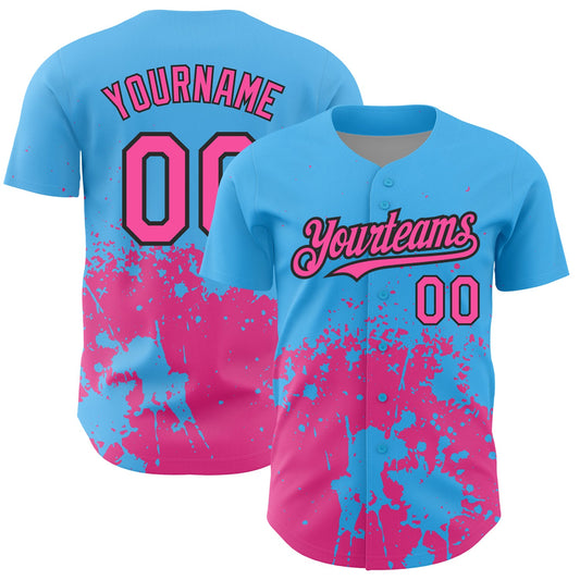 Custom Sky Blue Pink-Black 3D Pattern Design Abstract Splash Grunge Art Authentic Baseball Jersey - Main View