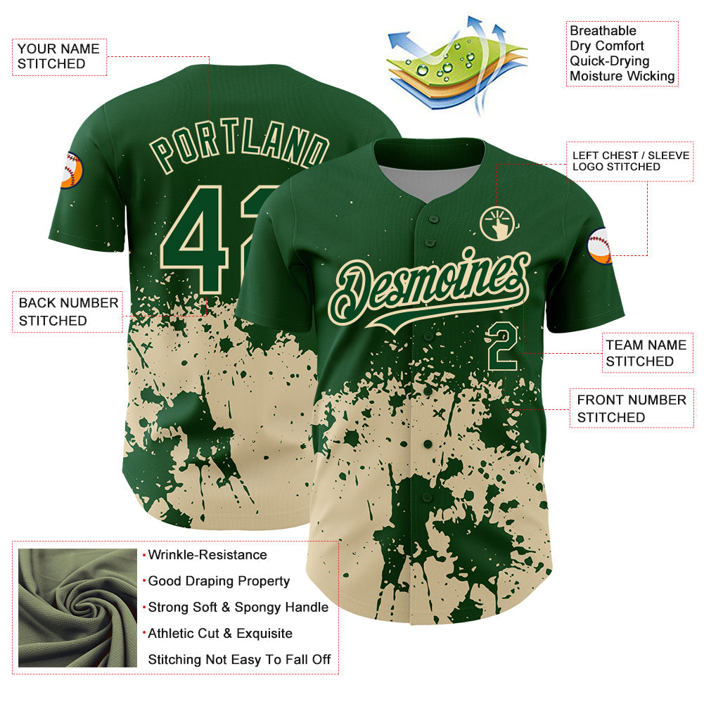 Custom Green City Cream 3D Pattern Design Abstract Splash Grunge Art Authentic Baseball Jersey view 3