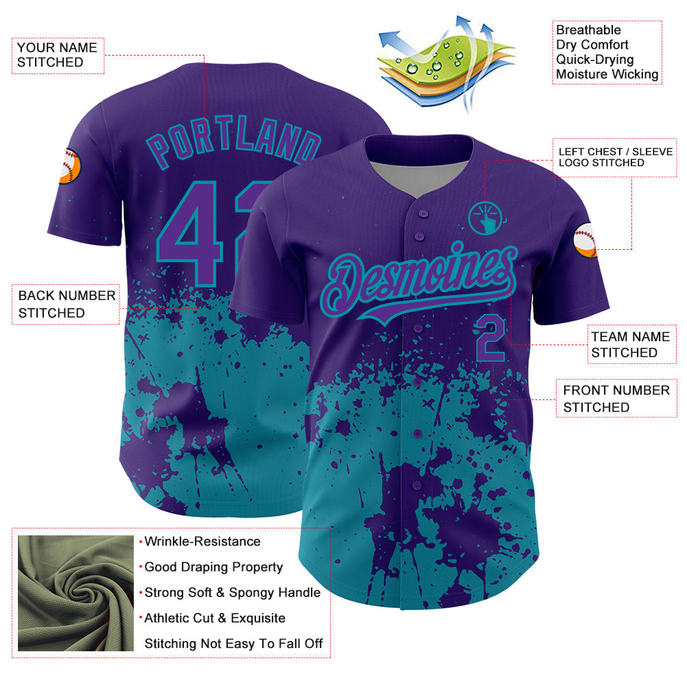 Custom Purple Teal 3D Pattern Design Abstract Splash Grunge Art Authentic Baseball Jersey view 3