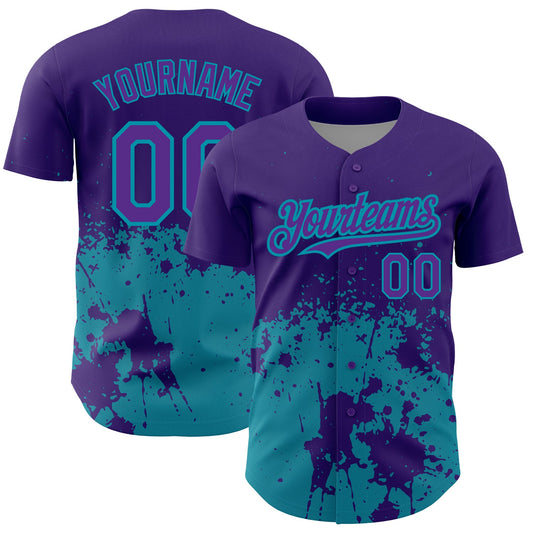 Custom Purple Teal 3D Pattern Design Abstract Splash Grunge Art Authentic Baseball Jersey - Main View