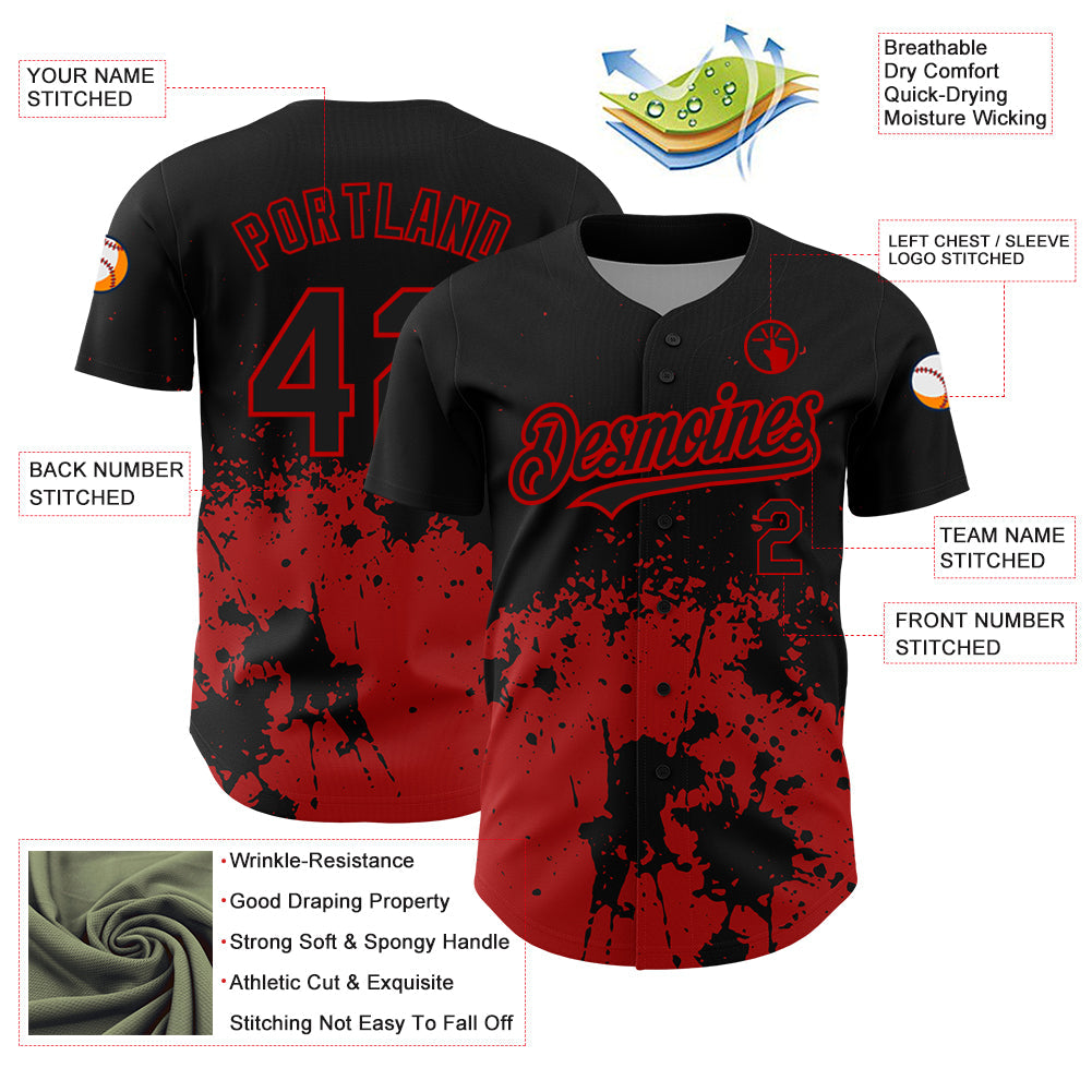 Custom Black Red 3D Pattern Design Abstract Splash Grunge Art Authentic Baseball Jersey view 3